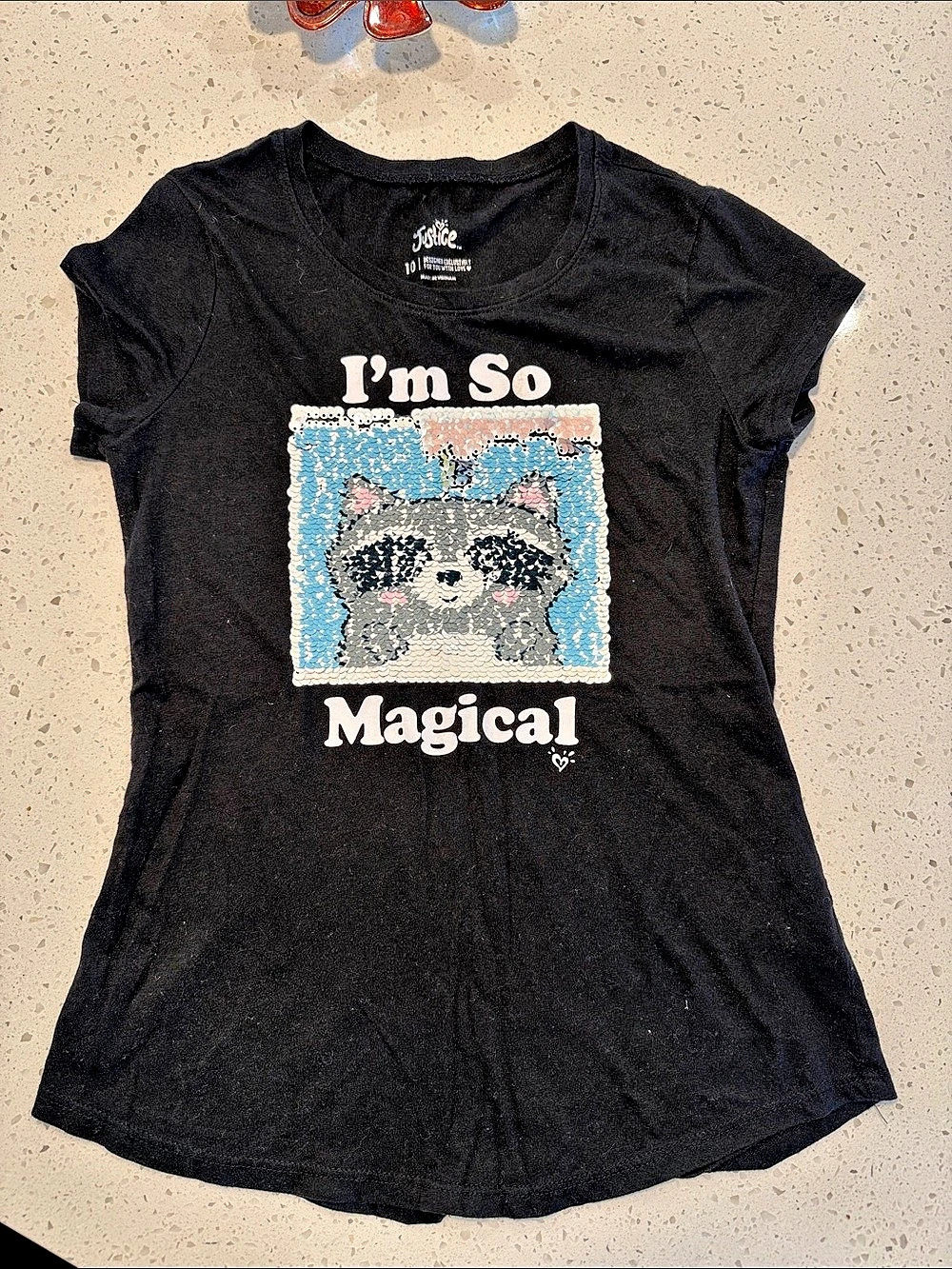 Justice I'm So Magical Raccoon Sequin Tee Black & Blue Girls 10